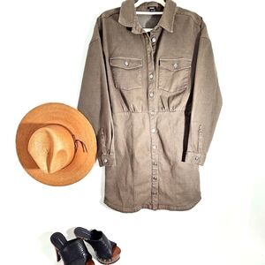 Express Olive Green Denim Mini Shirt Dress Button Down Small